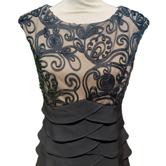Jessica Howard Dress Women 6 Black Nude Lace Floral Cord Ruffle Sheath Formal - Picture 2 of 14